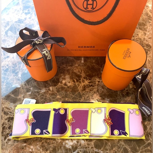 HERMES SILK CAMAILS JAUNE ENCRE YELLOW PURPLE MAUVE BANDEAU TWILLY WRAPS 2 SET - Picture 1 of 11